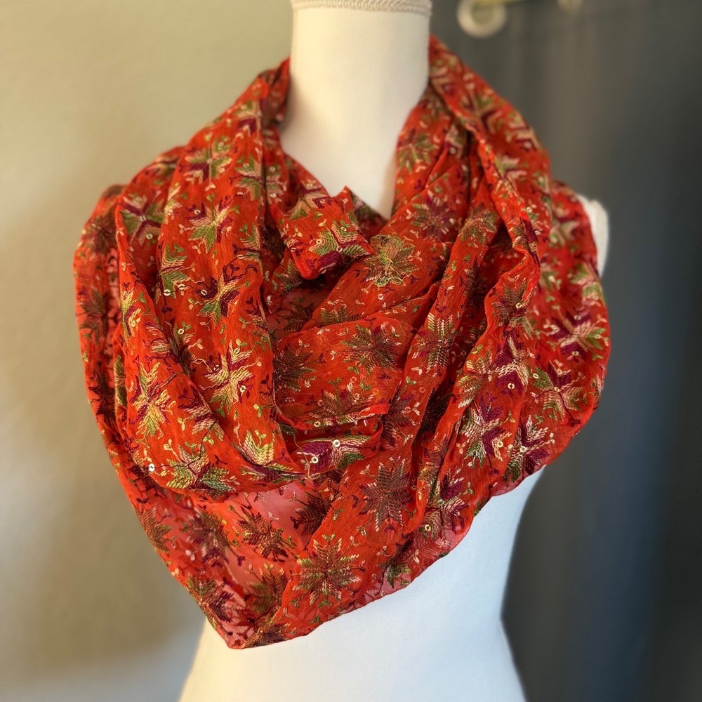 Raj Embroidered Sequin Infinity Scarf One Size Orange 100%‎ Silk Floral Bohemian